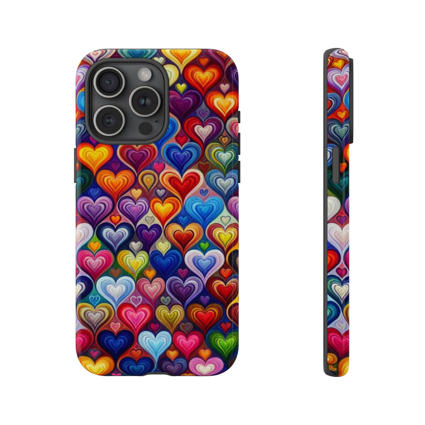 Coque de téléphone, design cœurs colorés