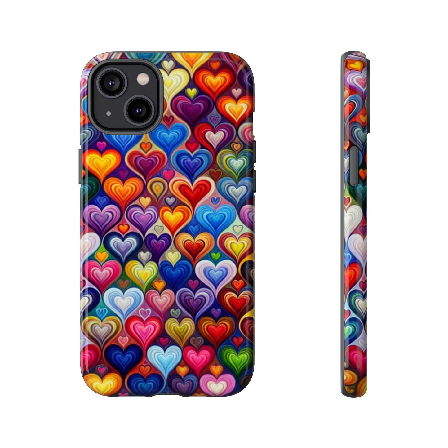 Coque de téléphone, design cœurs colorés