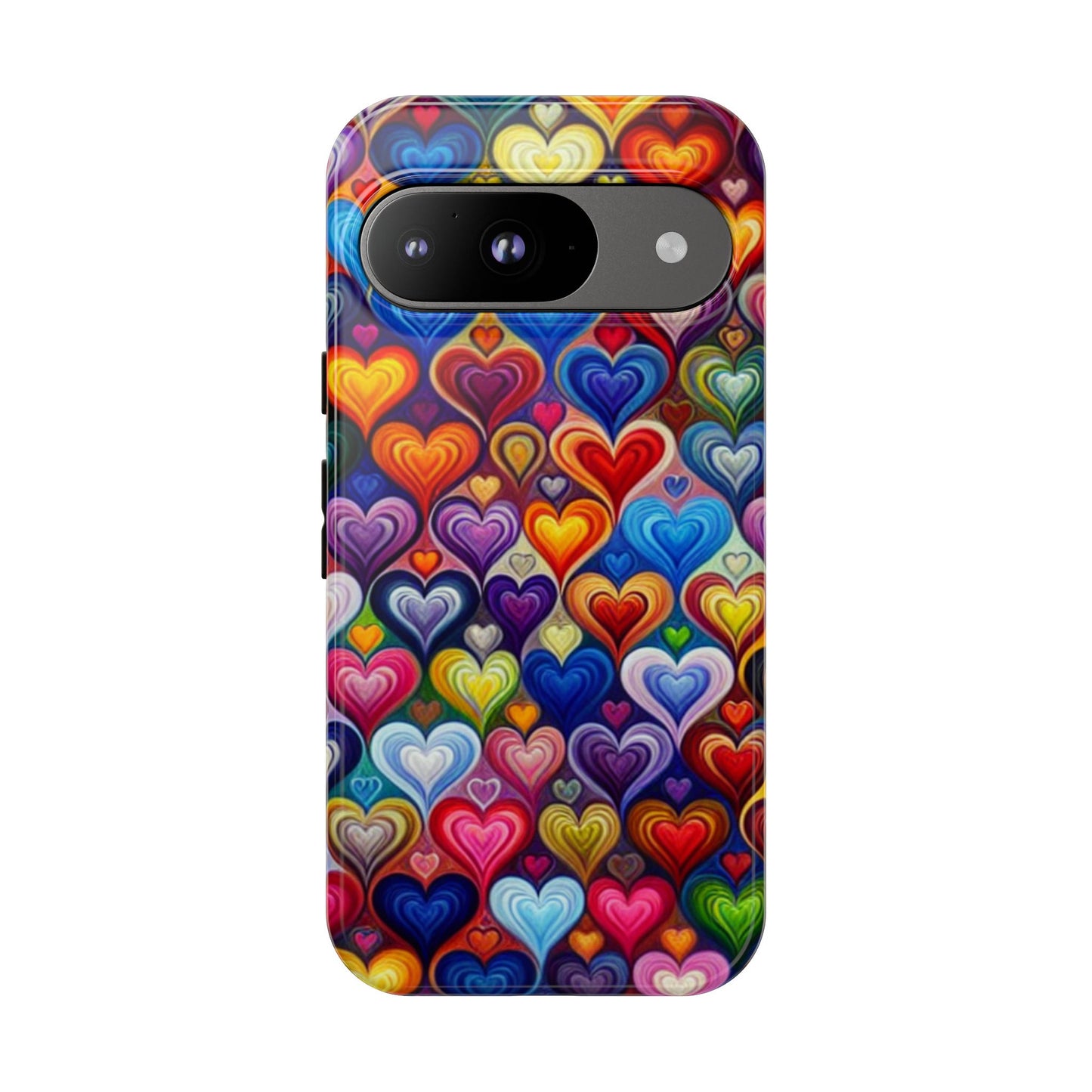 Coque de téléphone, design cœurs colorés