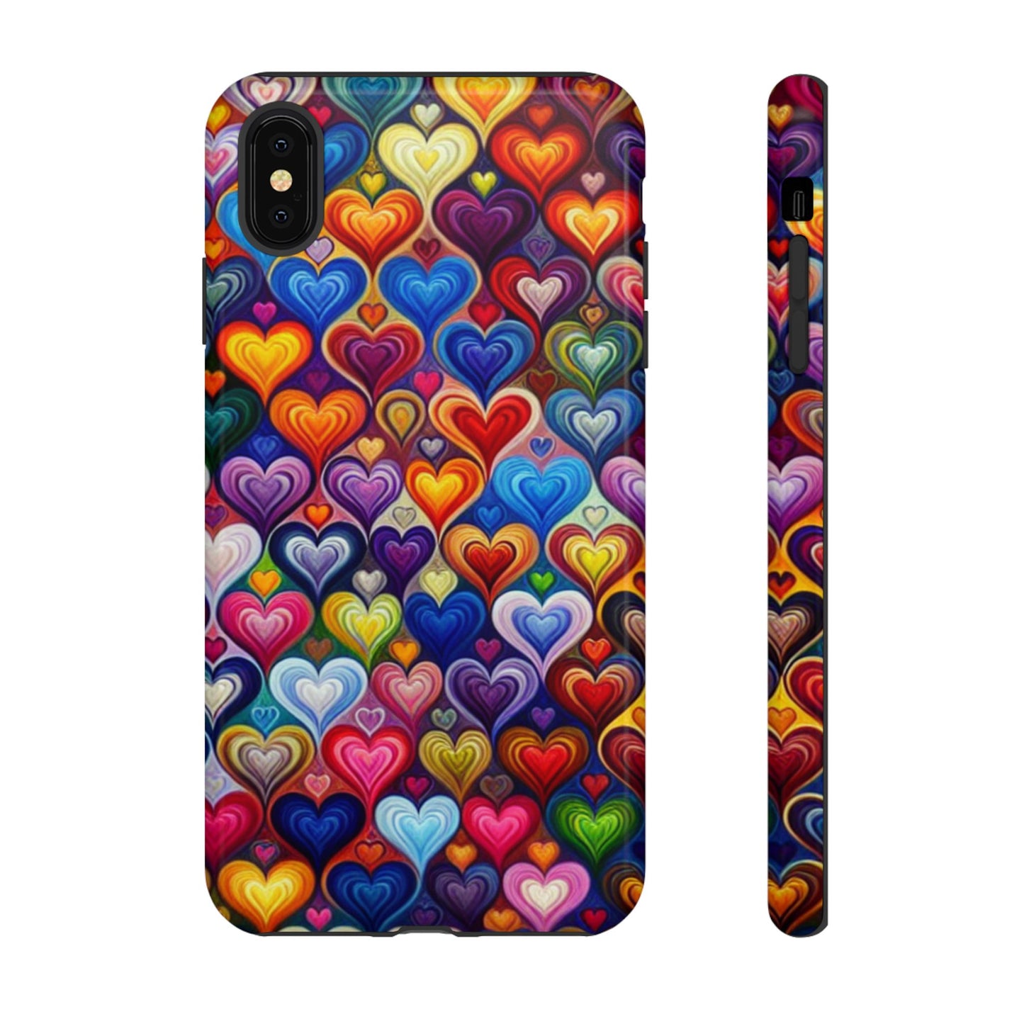 Coque de téléphone, design cœurs colorés