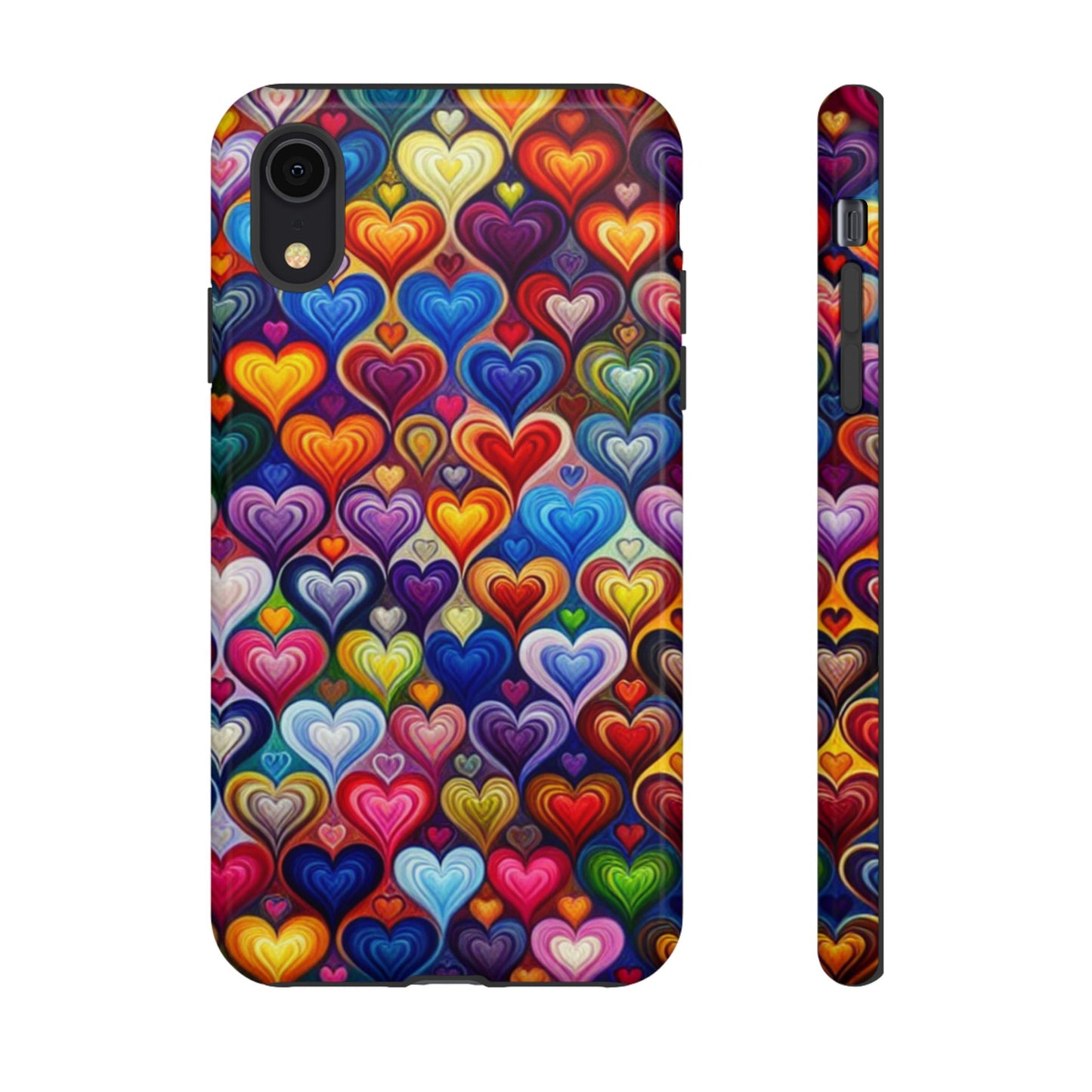 Coque de téléphone, design cœurs colorés