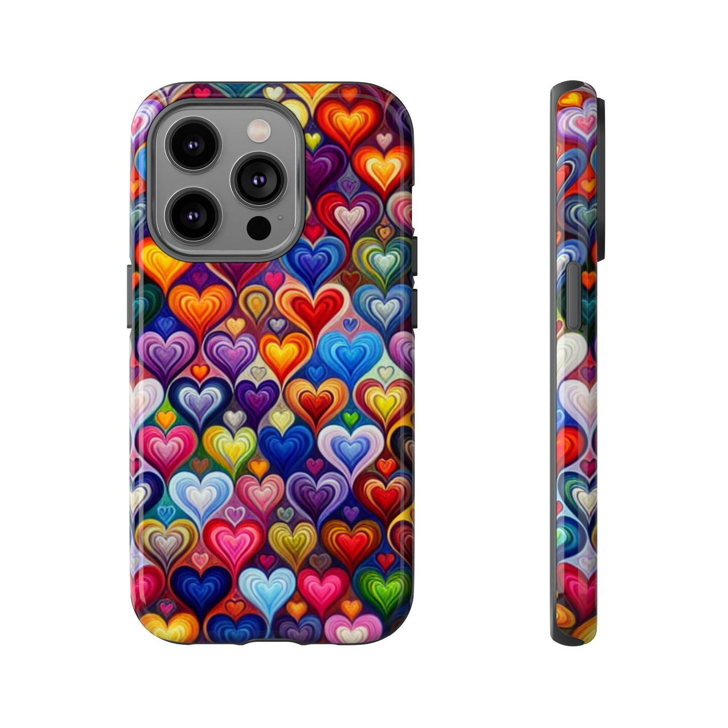 Coque de téléphone, design cœurs colorés